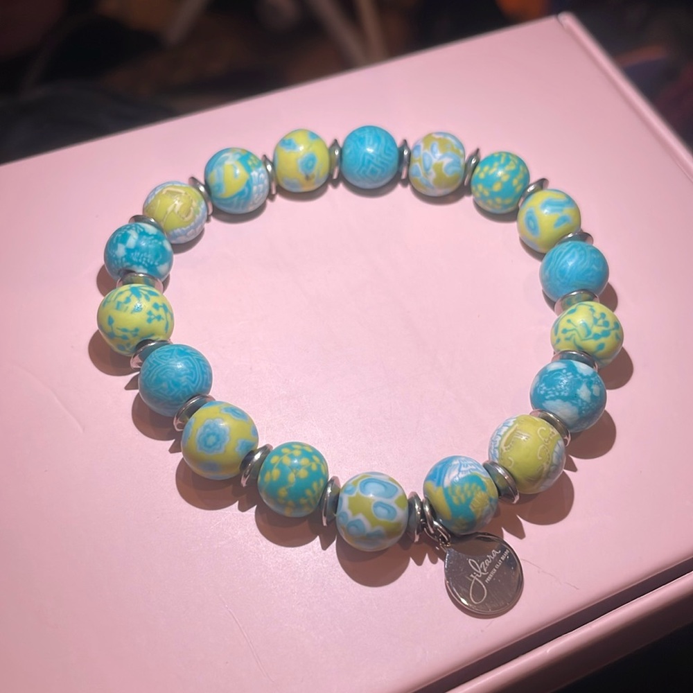 Jilzarah Premium Clay hand crafted Bead Bracelet – Blue & Lime Floral Mix